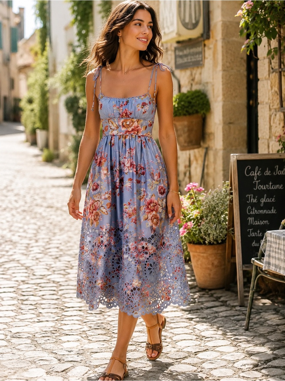 Zimmermann Blue Floral Eyelet Tie-Shoulder Midi Dress